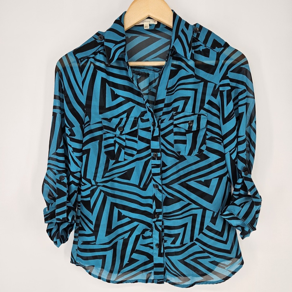 Timing Button Down Women S Blue Geometric Sheer‎ Roll Tab Sleeve Blouse Shirt
